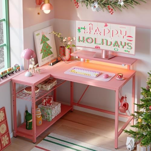 Bestier 42-Inch Pink L-Shaped Gaming Desk with Charging & LED