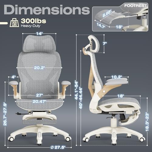 ELABEST X100 Ergonomic Mesh Office Chair with Footrest, Big and Tall Home Desk Chair with 5D Flip-Up Arms, Adjustable 3D Lumbar Support, Gaming & Executive Computer Chair (Foggy Morning)