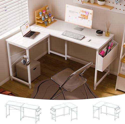 Pamray 47 Inch Reversible L Shaped Gaming Desk Corner Computer Desk with Storage Bag Home Office Table for Writing Study White