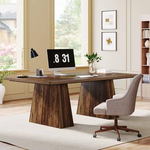 Tribesigns 63-Inch Executive Desk, Large Office Computer Desk with Double Pedestal, Modern Simple Workstations Writing Table Conference Table Business Furniture for Home Office, Rustic Brown