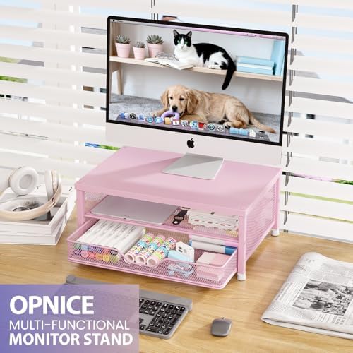 OPNICE Computer Monitor Stand Riser, Desk Organizer with Drawer, Printer & Laptop Stand, Office Desk Accessories & Workspace Desktop Organizers Storage for Office Supplies(Pink)