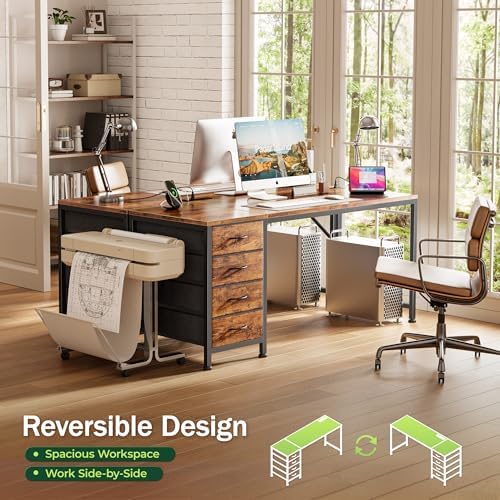 PRAISUN 55.1 Inch Computer Office Desk with Power Outelts and USB-C Port, Reversible Gaming Desk with 4 Fabric Drawers, Work Study Desk Work from Home, Rustic Brown