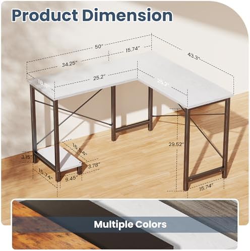 DUMOS 50-Inch Reversible L Shaped Desk with CPU Shelf, White