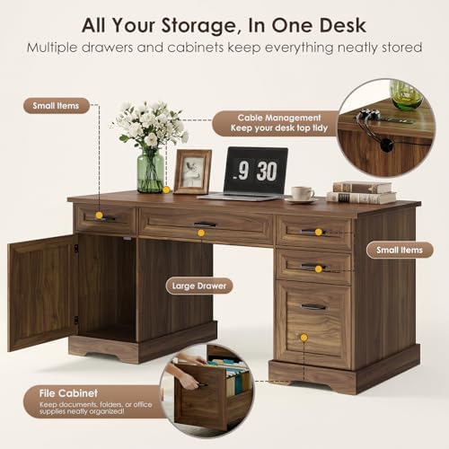 OffiGo Farmhouse 59 Inch Executive Desk with Drawers, Walnut