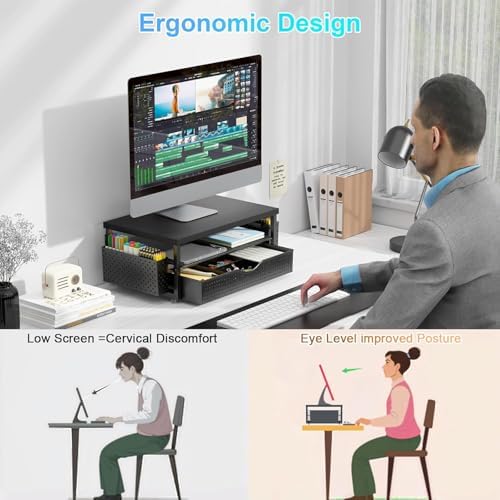 gianotter Desk Organizers and Accessories, Monitor Stand with Drawer and 2 Pen Holder, Desktop Organizer Suitable for Offices and Dormitories (Matte Black)