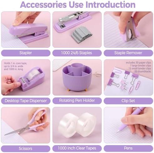 SKYDUE Purple Office Supplies Set with Pencil Holder for Desk,11 PCS