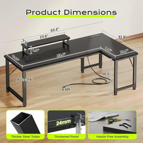 PRAISUN 53" L Shaped Computer Desk, Power Outlets, Monitor Stand, Black