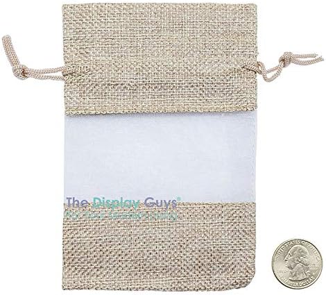 48-Pack Small Linen Burlap & Organza Gift Bags w. Drawstrings (3.5x5.5 in, Beige) - Party Favors, Presents, Samples & Treats Mesh Pouch by The Display Guys