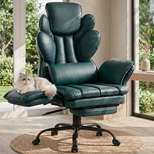 Flip Armrests Criss Cross Office Chair, Reclining Office Chair with Foot Rest, Adjustable Headrest, Massage Waist Pillow, Cross Legged Big and Tall Desk Chair Wide Seat Vanity Chair, Green PU Leather