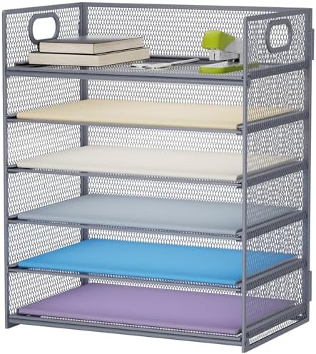 Marbrasse 6 Tier Paper Organizer Letter Tray - Mesh Desk File Organizer with Handle, Paper Sorter for Letter/A4 Office File Folder Holder - Grey