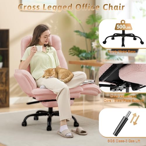 Wider Seat Office Chair with Flip Armrests for Criss Cross Legged&Cats, Big and Tall Executive Ergonomic Reclining Chair with Footrest&Lumbar Pillow, Teddy Fleece Desk Chair,Pink Vanity Chair