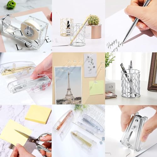 Office Desk Accessories，Office Supplies Set Acrylic Stapler Set Staple Remover, Tape Holder, Pen Holder, 2 Ballpoint Pen, Scissor, Binder Clips, Paper Clips and 1000pcs Staples(Silver)