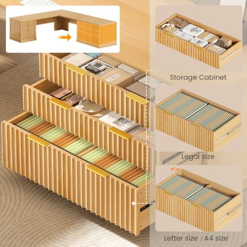 SEDETA Fluted 78.8" L Shaped Desk with 6 Drawers, Fluted Oak