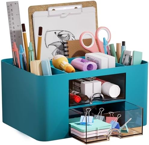 Marbrasse Pen Organizer with 2 Drawer, Multi-Functional Pencil Holder for Desk, Desk Organizers and Accessories with 5 Compartments + Drawer for Office Art Supplies (Dark Green)