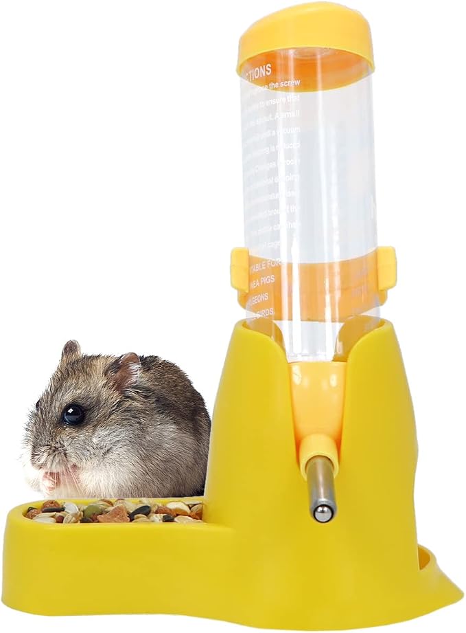Wontee 3 in 1 Hamster Water Bottle with Food Bowl Hideout Base 125ML Yellow | Water dispenser, food container, hideout, stable base, easy to refill, for glass tank/cage, dwarf hamster/mouse/gerbil, 4.2oz