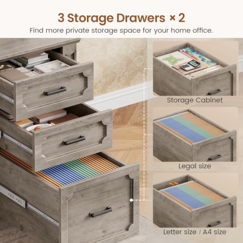 SEDETA Farmhouse 110.3" Two Person Desk with 7 Drawers, Long Computer Desk with Storage Cabinet, 2 Person Desk with Power Outlets for Home Office, Gray