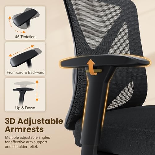 Ergonomic Office Chair, Mesh Computer Desk Chairs with BIFMA X5.1 Certified, Adjustable Lumbar Support, 3D Arm, Tilt Back, Wide Seat, Comfy Swivel Work Task Chair for Company and Home (Onyx Black)