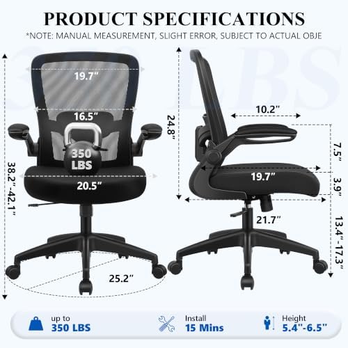 FelixKing Office Chair, Ergonomic Desk Chair Breathable Mesh Chairs Adjustable High Back Lumbar Support Flip-up Armrests, Executive Rolling Swivel Comfy Computer Chairs Home Office Black