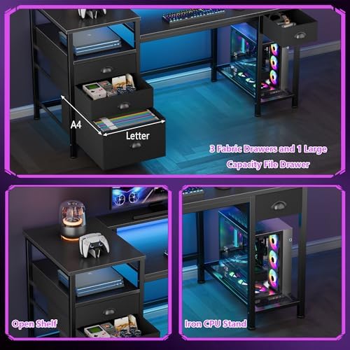 Furologee 52" Gaming Desk with 4 Drawers & LED Lights, Power Outlet, Black