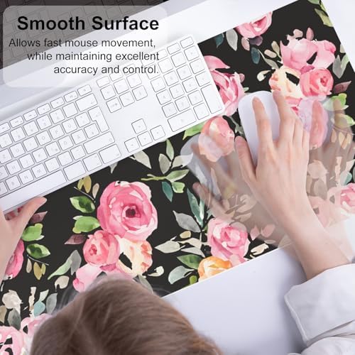 QiyI PU Leather Large Mouse Pad, Office Décor, 31.5" x 11.8", Pink Flowers