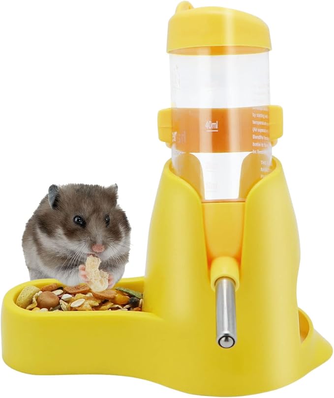 Wontee 3 in 1 Hamster Water Bottle with Food Bowl Hideout Base 80ML, Yellow | Water dispenser, food container, hideout, stable base, easy to refill, for glass tank/cage, dwarf hamster/mouse/gerbil, 2.7oz
