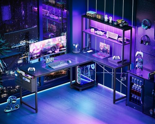 AODK L Shaped Desk Gaming Desk with LED Light & Power Outlet