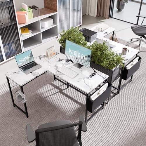 Pamray 47 Inch Reversible L Shaped Gaming Desk Corner Computer Desk with Storage Bag Home Office Table for Writing Study Marble