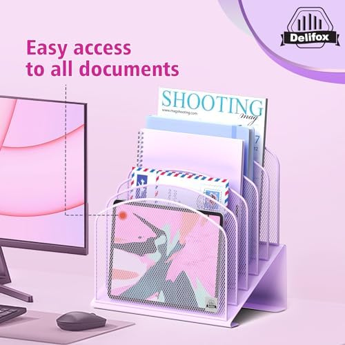 Delifox Inclined Desk File Organizer,Vertical File Folder Holder Stand Metal Rack File Sorter for Office Classroom Desktop Organization (2, Purple, 5)