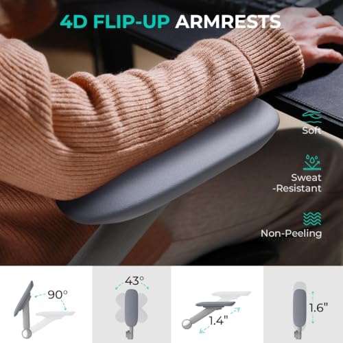 CAPOT Ergonomic Mesh Office Chair, Adjustable Lumbar High Back Desk Chair 400lbs, 4D Flip-up Arms, 3 Tilt Backrest, 3D Headrest, PU Wheels, Swivel Rolling Computer Seating for Long Desk Work - Grey