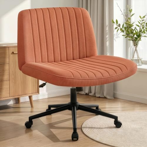 NEO CHAIR Criss Cross Chair with Wheels Armless Cross Legged Office Desk Wide Comfy Vanity Makeup Chair Adjustable Swivel Rolling Computer for Home Office Fabric (Brown)