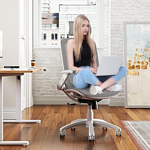 GABRYLLY Ergonomic Office Chair, High Back Home Desk Chair with Headrest, Flip-Up Arms, 90-120° Tilt Lock and Wide Cushion, 300LBS Mesh Chairs for Man Woman, White Task Chair(Dark Grey,GY01WDG)