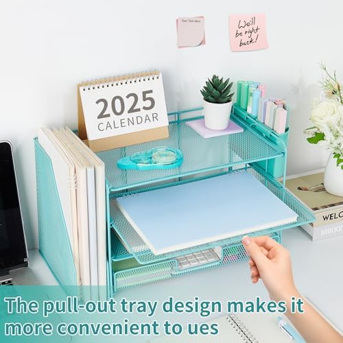 OPNICE Desk Organizer, 4-Tier Desktop File Organizer with Drawer and Pen Holders, Office Desk Accessories, File Sorters, Workspace Organizers for Office Supplies(Teal Blue)