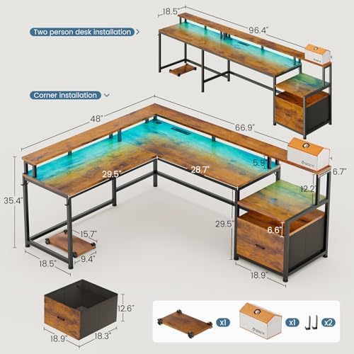SEDETA 66" Reversible L Shaped Office Desk with Power Outlet, File Drawer
