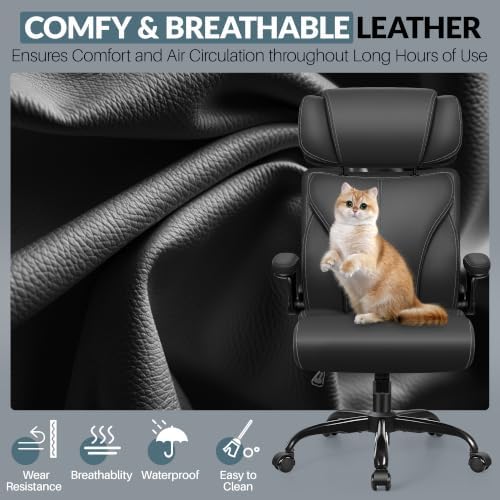 Office Chair, Ergonomic Big and Tall Computer Desk Chair with Retractable Adjustable Headrest, Executive Breathable Leather Chair, Lumbar Support Swivel Flip-up Armrests Rocking Function,Matte Black