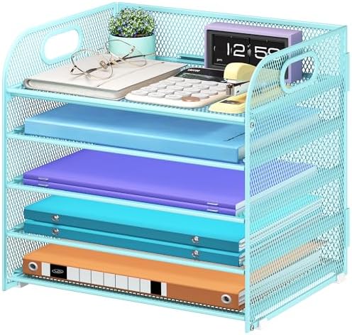 Cawukege 5 Tier Paper Organizer with Handle, Blue Metal Mesh Desk Organizer File Folder Paper Letter Tray Desktop Document Sorter for Classroom, School, Office Accessories Organization and Storage
