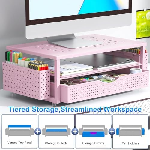 gianotter Desk Organizers and Accessories, Monitor Stand with Drawer and 2 Pen Holder, Desktop Organizer Suitable for Offices and Dormitories (Pink)