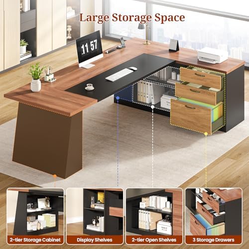 UPOSOJA 78.7" L Shaped Executive Desk with Power Outlets, Extra Large Office Desk with Drawers & File Cabinet, Modern Corner Computer Desk with Storage Shelves, Business Furniture, Walnut & Black