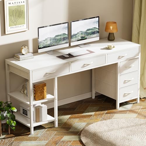 Huuger Computer Desk with 6 Drawers, Office Desk with Shelves, Reversible Gaming Desk, Corner Desk with Storage, Work for Home Office, Study, Living Room, 54inch, White