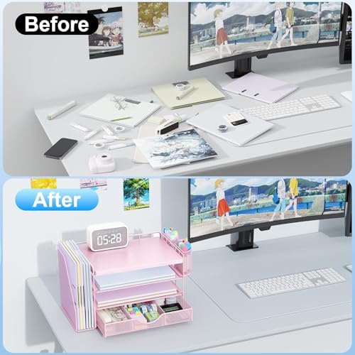 gianotter Wood Desk Organizers and Accessories with File Holder, 4-Tier Desk Accessories & Workspace Organizers with Drawer and 2 Pen Holder, Desk Reference Organizer (Pink, 4T with Metal Drawer)