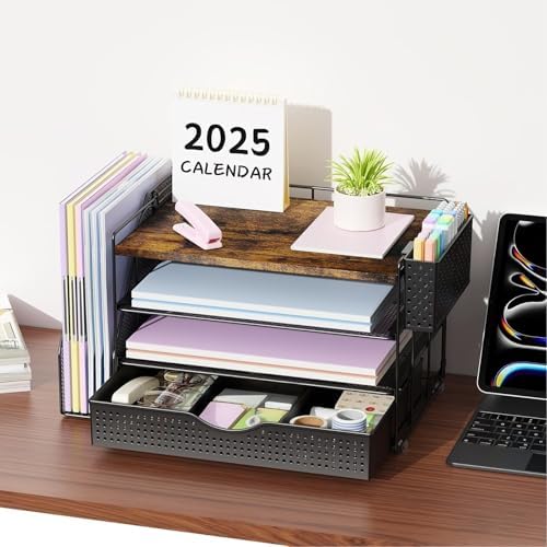 Wood Desk Organizers and Accessories with File Sorters, 4-Tier Desk Accessories & Workspace Organizers with Drawer and Pen Holder, Desk Reference Organizer (Wood, 4T with Drawer)