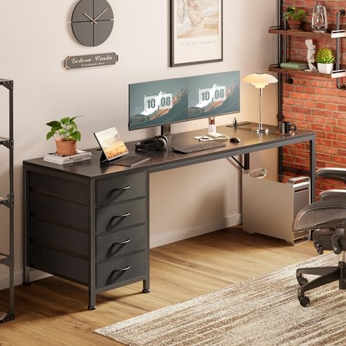 PRAISUN 63 Inch Computer Office Desk with Power Outelts and USB-C Port, Reversible Gaming Desk with 4 Fabric Drawers, Work Study Desk Work from Home, Black