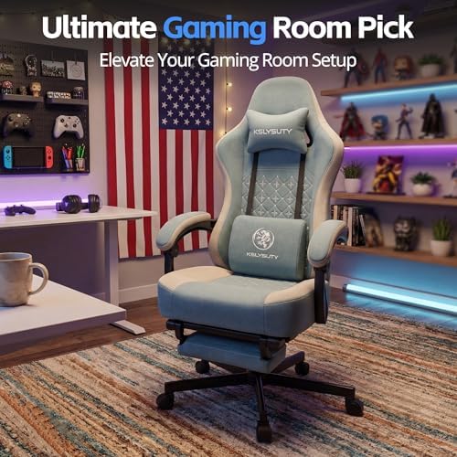 Desk Computer Gaming Chair - Ergonomic Game Office Chair with Extended Footrest and Massage Lumbar Support, Home Gamer Video Game Chairs with Spring Cushion for Adults (Pro Blue Fabric)