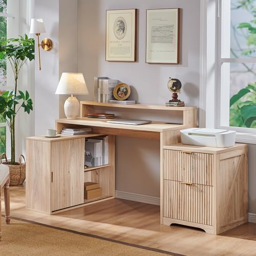 67" Modern Desk with Cabinet & 2 Drawers, Office Desk Built‑in Outlet