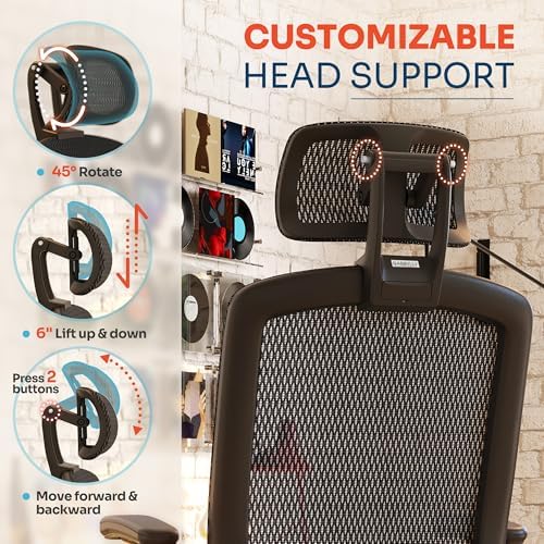 GABRYLLY Ergonomic Office Chair, High Back Home Desk Chair with Headrest, Flip-Up Arms, 90-120° Tilt Lock and Wide Cushion, Big and Tall Mesh Chairs for Man Woman, Black Task Chair(Dark Woodgrain)