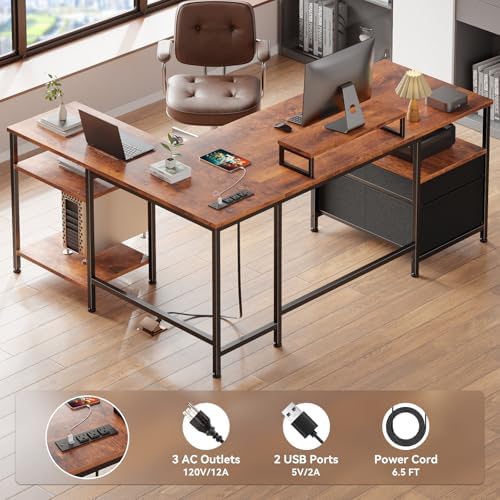 Furologee 50 Inch L Shaped Computer Desk with Power Outlet, Rustic Brown