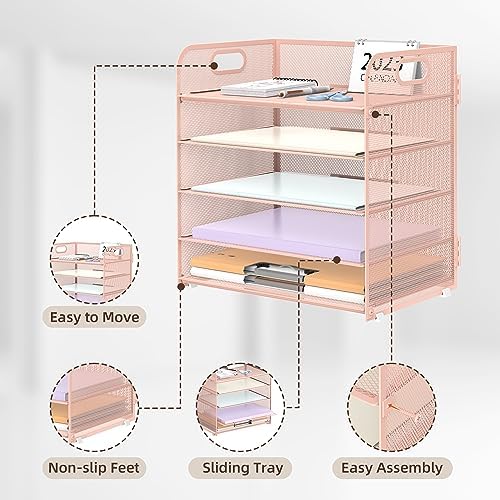 Supeasy 5 Trays Paper Organizer Letter Tray with Handle-Mesh Desk File Holders, Paper Sorter Desk Organizer for Office, Home, Classroom or School, Pink