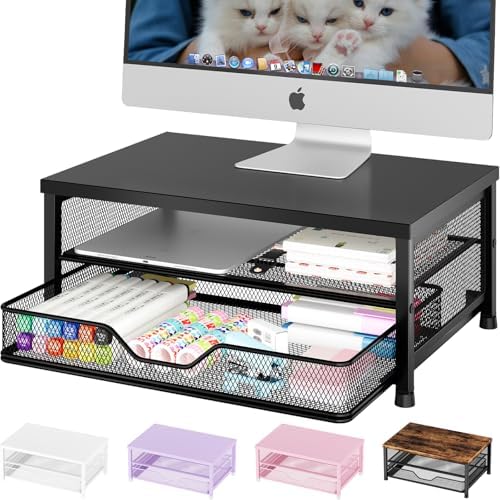OPNICE Computer Monitor Stand Riser, Desk Organizer with Drawer, Printer & Laptop Stand, Office Desk Accessories & Workspace Desktop Organizers Storage for Office Supplies(Black)