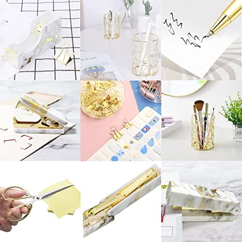 Gold Marble Desk Accessories, Office Supplies Set Stapler Set Staple Remover, Tape Holder, Pen Holder, 2 Ballpoint Pen, Scissor, Binder Clips, Paper Clips and 1000pcs Staples.
