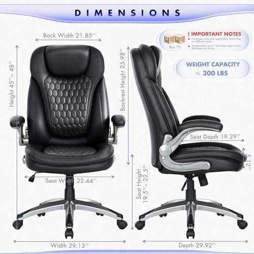 COLAMY High Back Executive Office Chairs, Ergonomic PU Leather Desk Chairs with Flip-Up Armrests, Adjustable Height, Lumbar Support, Comfortable Computer Chairs for Home Office, Set of 2