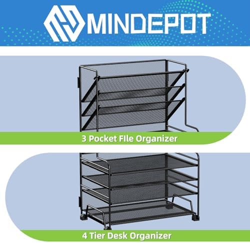 MINDEPOT 4-Tier Paper Organizer + 3-Pocket File Holder + Drawer + Pen Holders, Desktop File Organizers Paper Tray for Office Supplies School Classroom Organization (Black, No Drawer & Pen Holder)
